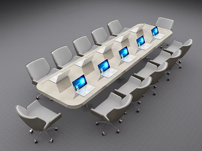 Modern Conference Table With Ergonomic Chairs And Laptops In Office Meeting Room 3d model