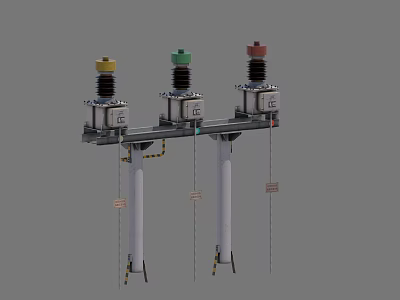 Three Colored Top Industrial High Voltage Equipment With White Pillars And Metal Frame 3d model