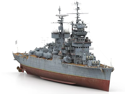 Large Vintage Gray Warship With Red Bottom Turrets Masts And Radar Antennas 3d model