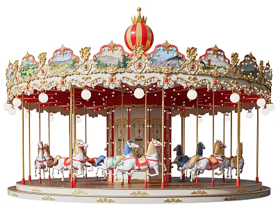 Colorful Carousel Amusement Ride With Decorative Top Red And Gold Elements Colorful Horses Bright Lights 3d model