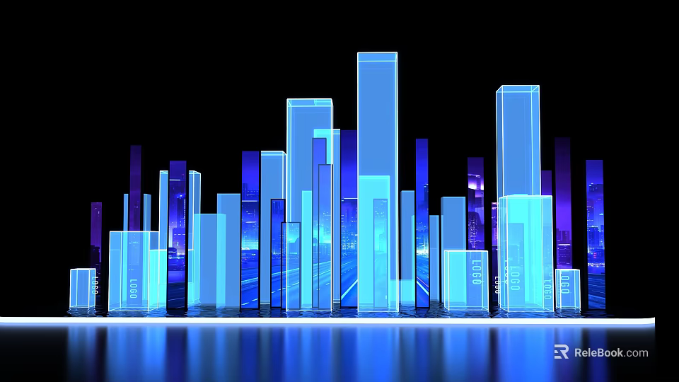 Futuristic Cityscape With Blue Purple Gradient Skyscrapers And Water Reflection On Black Background 3d model 