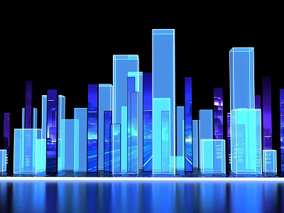 Futuristic Cityscape With Blue Purple Gradient Skyscrapers And Water Reflection On Black Background 3d model