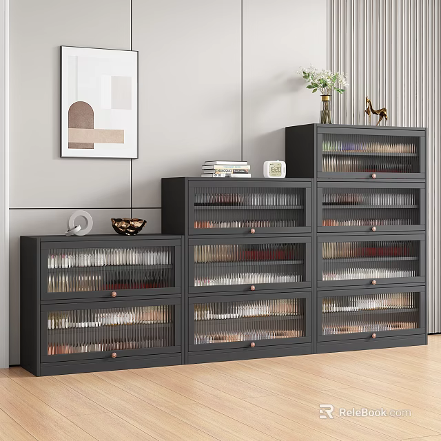 Modern Black Shoe Cabinet With Glass Doors And Multiple Storage Compartments 3d model 