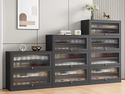 Modern Black Shoe Cabinet With Glass Doors And Multiple Storage Compartments 3d model