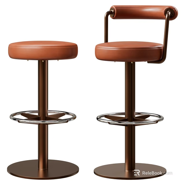 Modern Brown Leather Upholstered Swivel Bar Stool Chair With Sturdy Metal Footrest For Kitchen Counter 3d model 