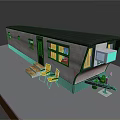 Modern Mobile Home Exterior With Black Roof Windows Yellow Chairs And Table