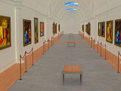 Art Gallery Corridor Interior With Colorful Paintings On Walls Wooden Benches And Red Ropes 3d model