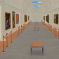 Art Gallery Corridor Interior With Colorful Paintings On Walls Wooden Benches And Red Ropes