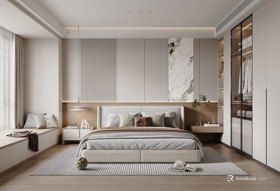 Modern Bedroom Interior Design With Striped Headboard Wall Marble Decor And Wooden Flooring 3d model 