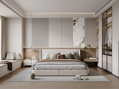 Modern Bedroom Interior Design With Striped Headboard Wall Marble Decor And Wooden Flooring 3d model