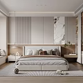 Modern Bedroom Interior Design With Striped Headboard Wall Marble Decor And Wooden Flooring