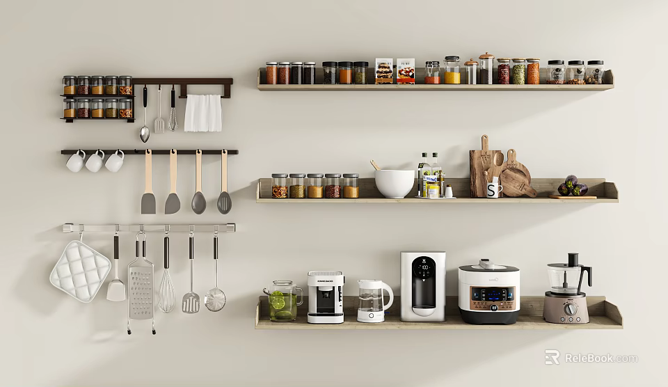 Kitchen Utensils And Appliances With Spices On Wall Mounted Shelves 3d model 