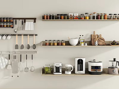 Kitchen Utensils And Appliances With Spices On Wall Mounted Shelves 3d model