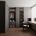 Modern Walk In Closet Interior With Dressing Table Mirror Glass Doors And Wooden Flooring