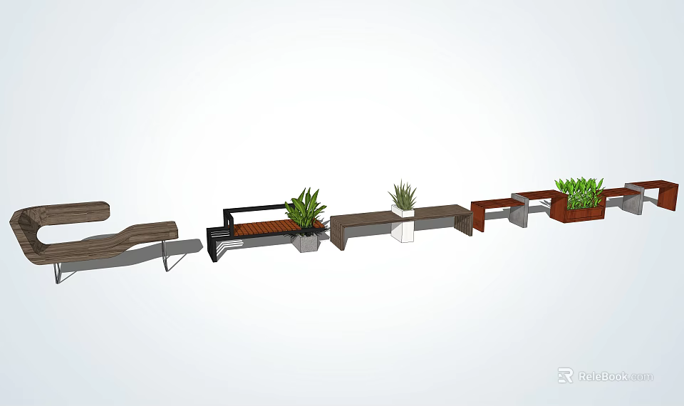 Modern Landscape Seats With Diverse Designs Wooden Metal And Potted Green Plants 3d model 