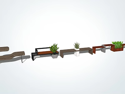 Modern Landscape Seats With Diverse Designs Wooden Metal And Potted Green Plants 3d model