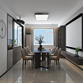 Modern Restaurant Interior With Dining Table Chairs Open Kitchen Ceiling Light And Wall Clock