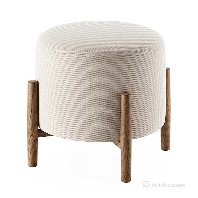 Round Cream Textured Upholstered Ottoman with Four Natural Wood Legs 3d model 