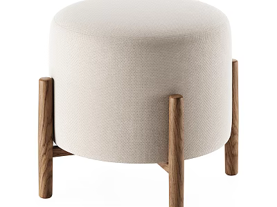 Round Cream Textured Upholstered Ottoman with Four Natural Wood Legs 3d model