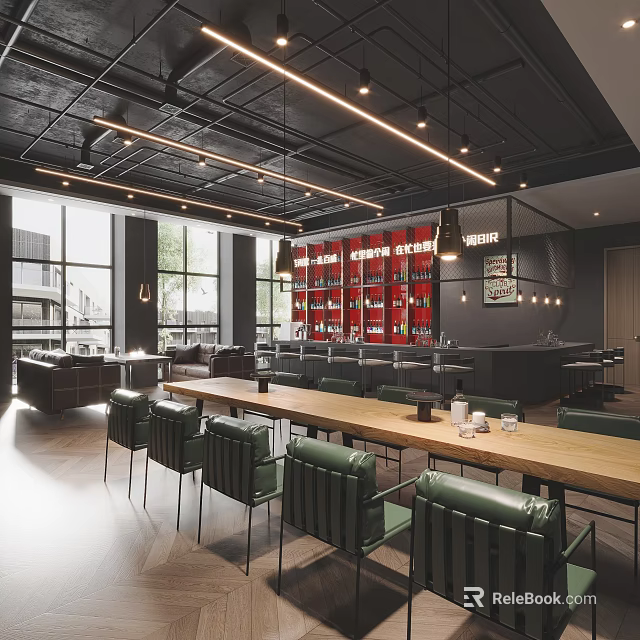 Modern Bar Interior Design With Leather Seats Wooden Tables Bar Counter And Wine Racks 3d model 