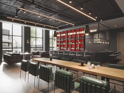Modern Bar Interior Design With Leather Seats Wooden Tables Bar Counter And Wine Racks 3d model