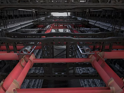 Industrial Equipment Structure With Red Pipes And Metal Frame Components 3d model