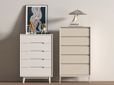 Modern White and Beige Chest of Drawers with Framed Artwork Table Lamp and Figurines 3d model