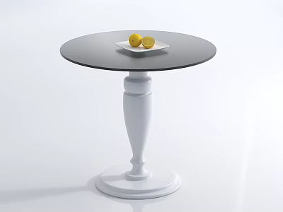 Round Coffee Table With Dark Top White Pedestal Base And Lemons On White Plate 3d model