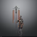 Man in Traditional Armor Holding Decorative Long Pole With Red Banners