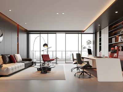 Modern Office Interior Design With Executive Desk Ergonomic Chairs Bookshelves And Large Windows 3d model
