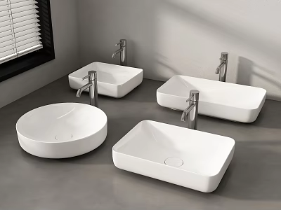 Modern White Bathroom Sinks Round and Square Shapes with Chrome Faucets on Gray Floor 3d model