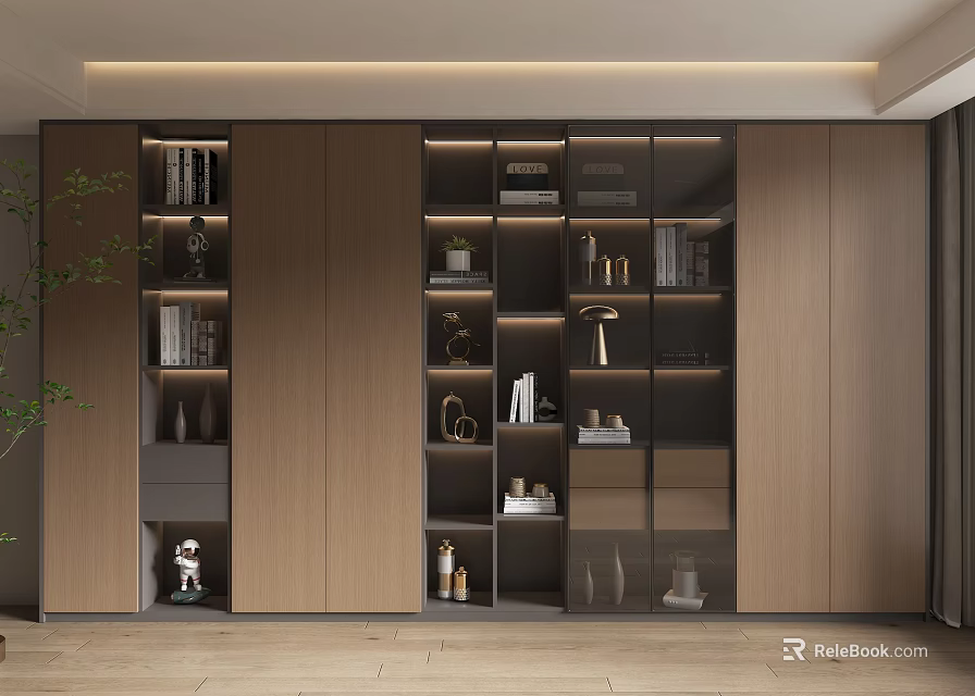 Modern Built In Wooden Bookcase With Glass Doors And Decorative Shelves 3d model 