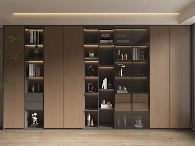 Modern Built In Wooden Bookcase With Glass Doors And Decorative Shelves 3d model