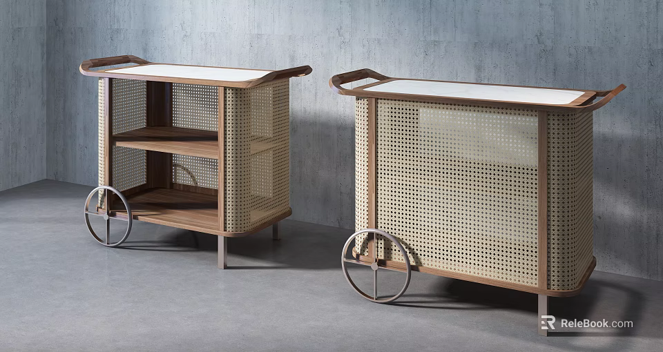 Stylish Modern Wooden Rattan Mobile Carts With White Top And Wheels 3d model 