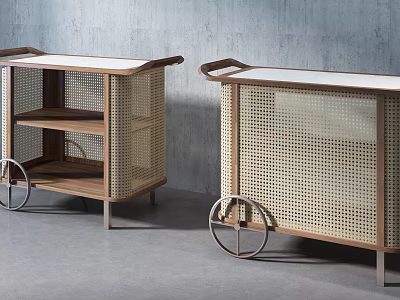 Stylish Modern Wooden Rattan Mobile Carts With White Top And Wheels 3d model