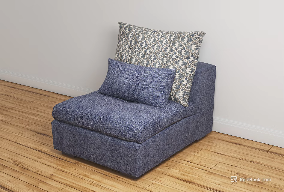 Blue Upholstered Single Seater Sofa With Two Cushions One Solid Blue And One Patterned 3d model