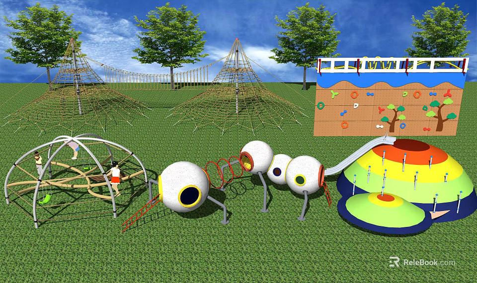 Fun Outdoor Playground Equipment With Climbing Nets Ant Shaped Structures And Slides 3d model 