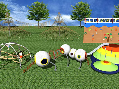 Fun Outdoor Playground Equipment With Climbing Nets Ant Shaped Structures And Slides 3d model