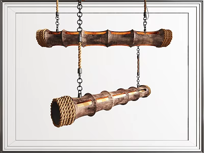 Natural Bamboo Chandelier With Woven Design Details Hanging Chains And Ropes For Rustic Interior Decor 3d model