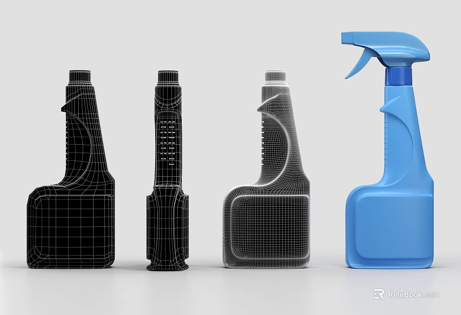 Set of Bathroom Accessories Featuring Cleaning Bottles Wireframe Design and Blue Spray Bottle 3d model 