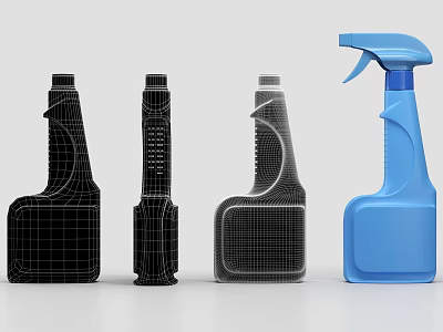 Set of Bathroom Accessories Featuring Cleaning Bottles Wireframe Design and Blue Spray Bottle 3d model