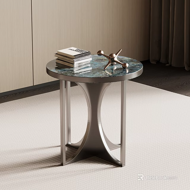 Modern Round Side Table with Marble Top and Metal Frame Decorated with Books and Ornament 3d model 
