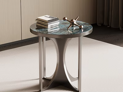 Modern Round Side Table with Marble Top and Metal Frame Decorated with Books and Ornament 3d model