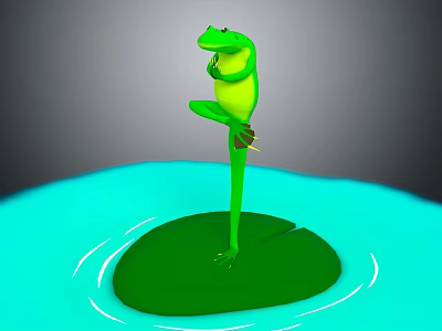 Green Frog Standing On One Leg On Green Lily Pad In Blue Water With Ripples 3d model