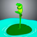 Green Frog Standing On One Leg On Green Lily Pad In Blue Water With Ripples