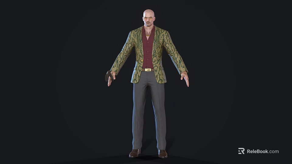 Game Movie Character Bald Man 3D Model With Green Patterned Jacket Red Shirt Gray Pants 3d model 