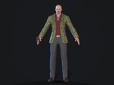 Game Movie Character Bald Man 3D Model With Green Patterned Jacket Red Shirt Gray Pants 3d model