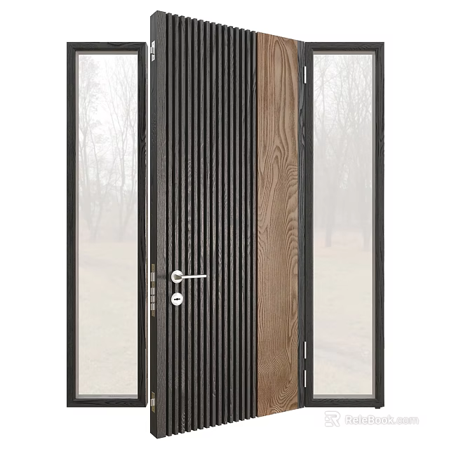 Modern Swing Door With Black Vertical Slats Wooden Panel And Glass Side Panels 3d model 