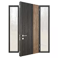 Modern Swing Door With Black Vertical Slats Wooden Panel And Glass Side Panels