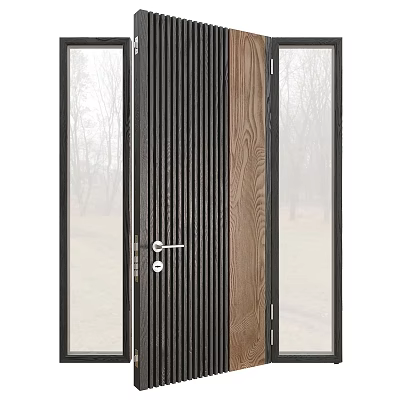 Modern Swing Door With Black Vertical Slats Wooden Panel And Glass Side Panels 3d model